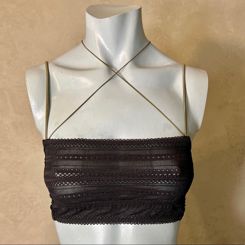 FREE PEOPLE; Black lace transparent bandeau with stretchy olive green straps; XS